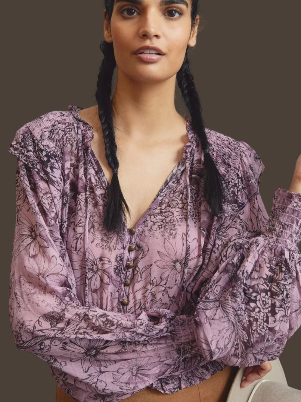Anthropologie Smocked Sheer Floral Blouse Long Sleeve Purple Small